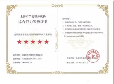 安悅節(jié)能喜獲上海市節(jié)能服務機構綜合能力五星等級認證